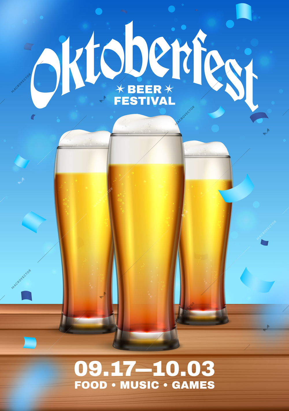 Colored oktoberfest poster beer festival headline and three beer glasses on wooden table vector illustration