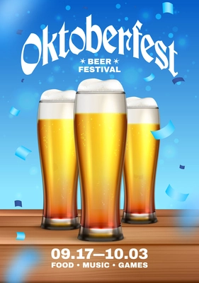 Colored oktoberfest poster beer festival headline and three beer glasses on wooden table vector illustration