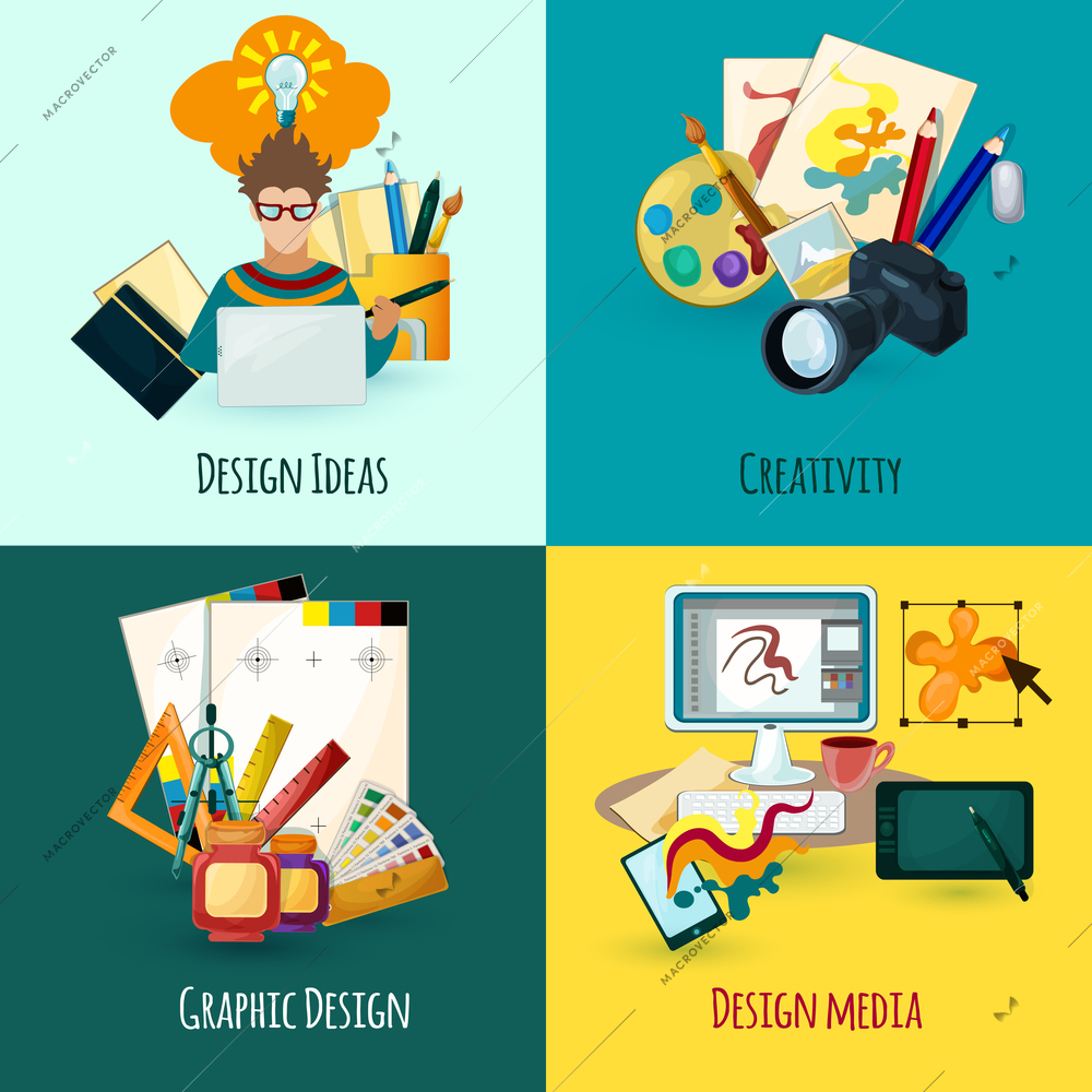 Designer concept set with design ideas creativity and media icons isolated vector illustration