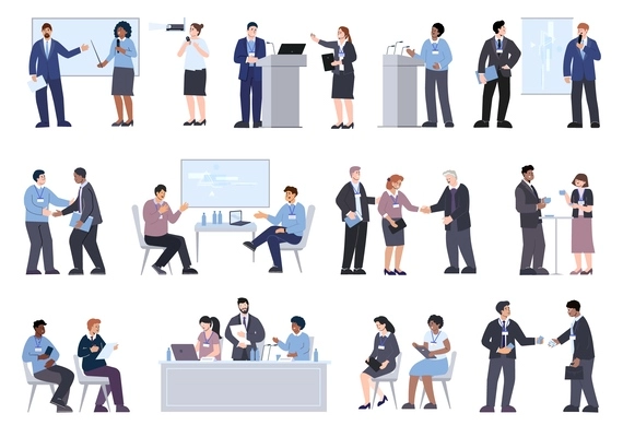 Business conference flat set of isolated icons with doodle human characters of coworkers with presentation screens vector illustration