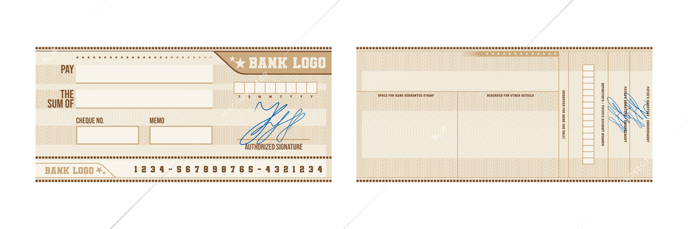 Signed blank bank check mockup with beige guilloche pattern isolated at white background realistic vector illustration