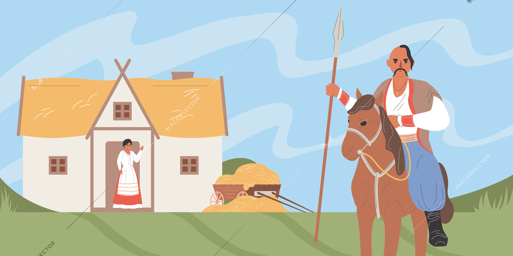 Cossack flat concept with man in traditional ukranian costume riding a horse vector illustration