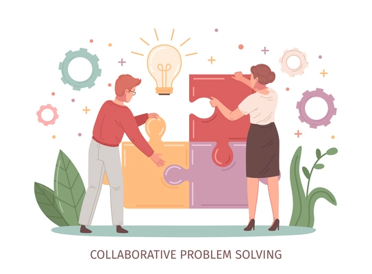 Conflict resolution flat cartoon with man and woman solving jigsaw puzzle vector illustration