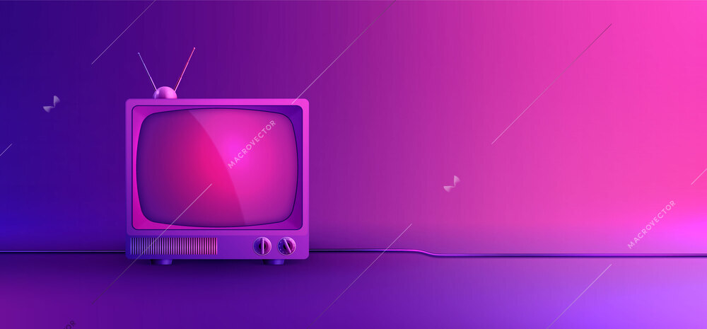 Tv mockup on a colored neon background composition with retro vintage television with wire and antenna vector illustration