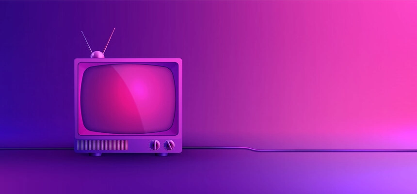 Tv mockup on a colored neon background composition with retro vintage television with wire and antenna vector illustration