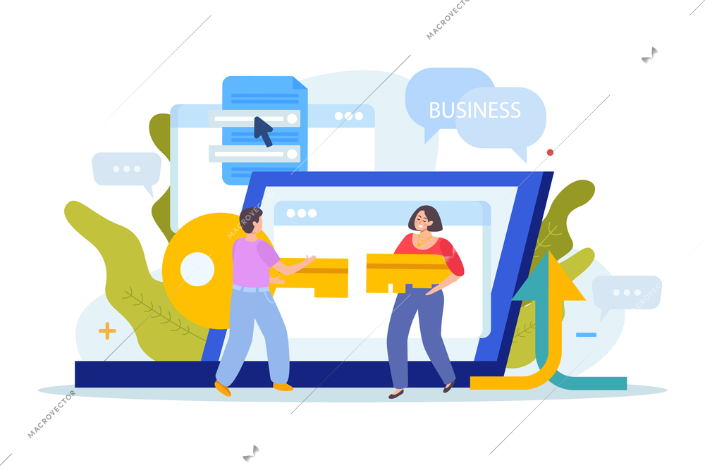 Business merger concept flat composition with laptop and icons of documents chat bubbles people and key vector illustration