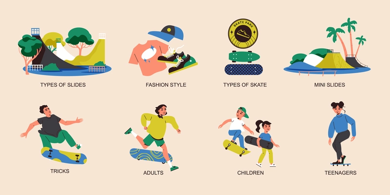 Skater icons set with teenagers riding skates isolated vector illustration