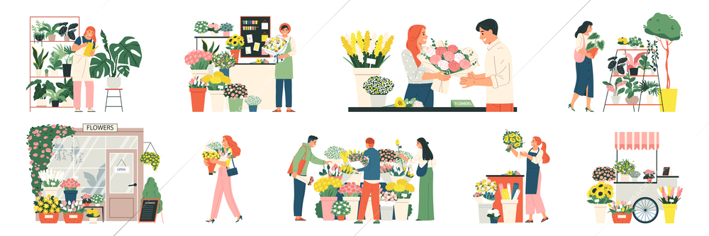 Flower shop set with florist symbols flat isolated vector illustration