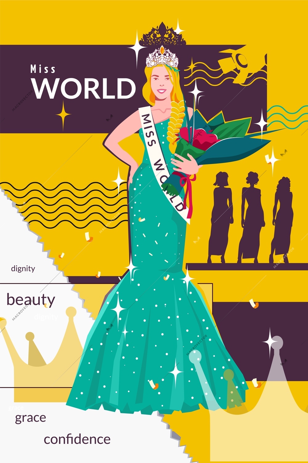 Beauty contest flat collage composition with the winner of the contest in the green dress with flowers in her hands vector illustration