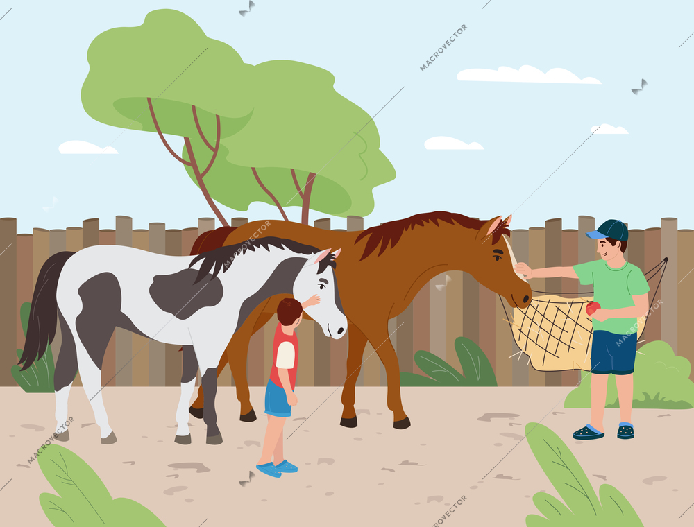 Contact farm flat composition with two boys feeding and petting animals at horse ranch cartoon vector illustration