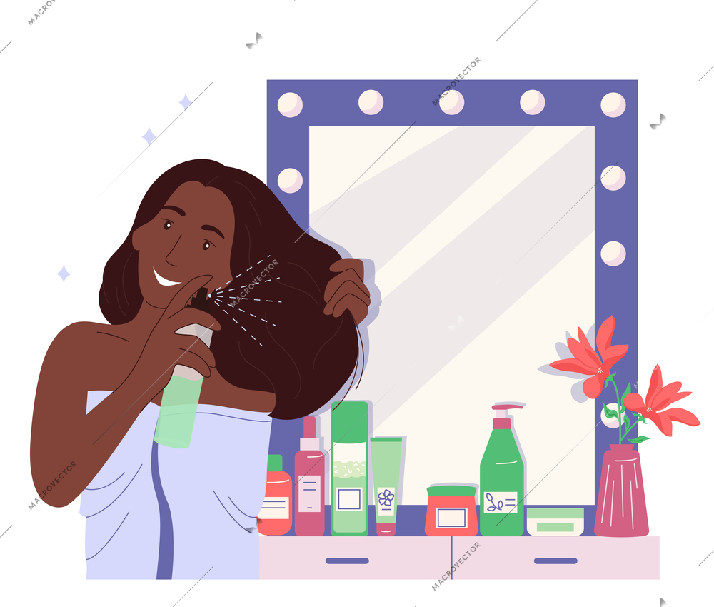 Morning routine flat background with black woman in towel taking care of her hair cartoon vector illustration