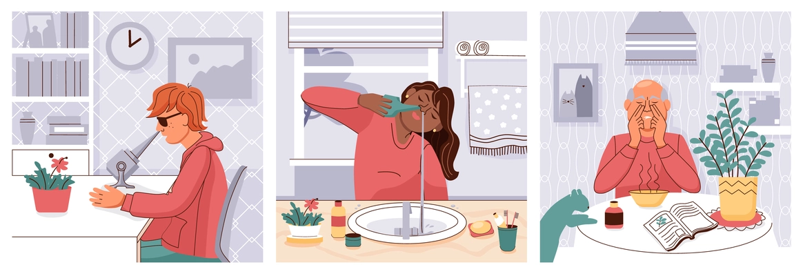 Nasal disease three isolated illustrations with people treating runny nose at home in different ways flat vector illustration