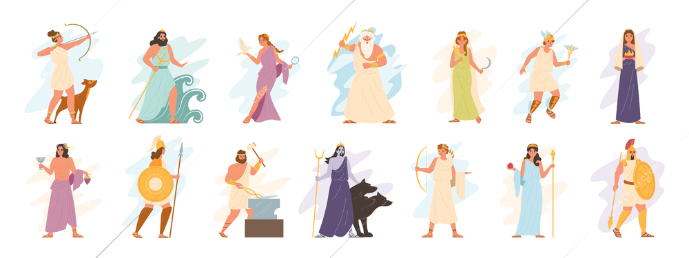 Olympic gods flat icons set with ancient greek deities isolated vector illustration