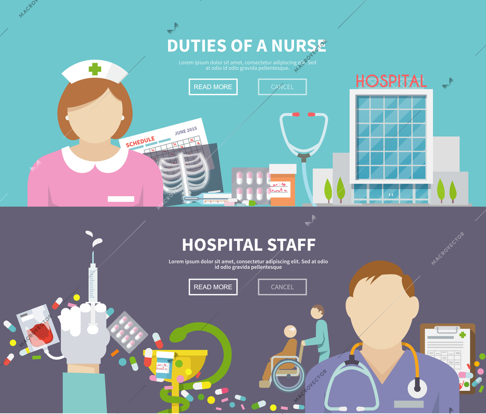 Nurse horizontal banner set with hospital staff elements isolated vector illustration