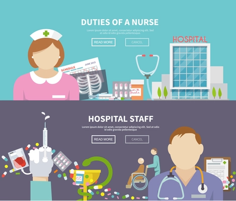 Nurse horizontal banner set with hospital staff elements isolated vector illustration