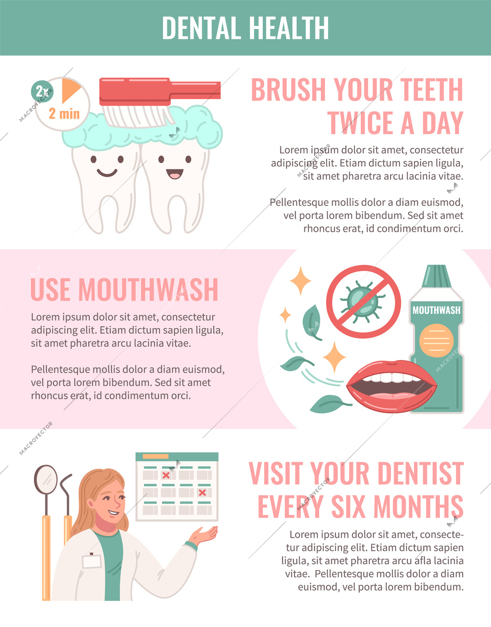 Dental health infographics flat with oral hygiene symbols vector illustration