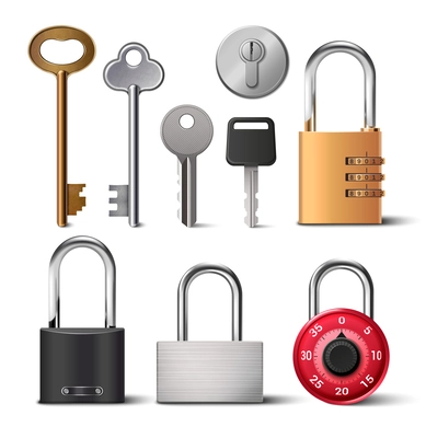 Realistic icons set with vintage and modern keys and locks isolated vector illustration