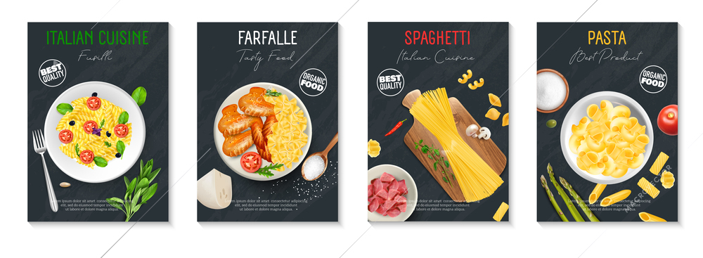 Italian cuisine realistic vertical posters set with types of pasta and other ingredients isolated vector illustration