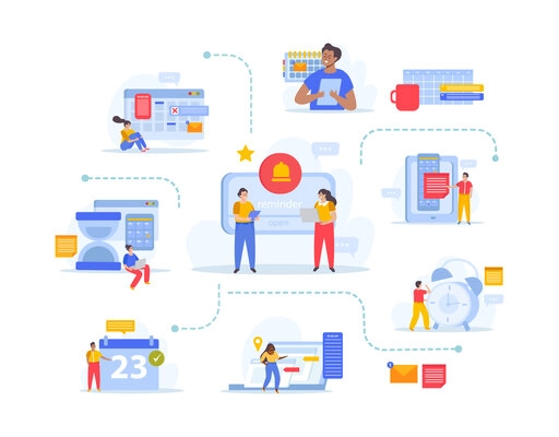 Event planning flat composition with flowchart of isolated icons calendars notes reminders planners and human characters vector illustration