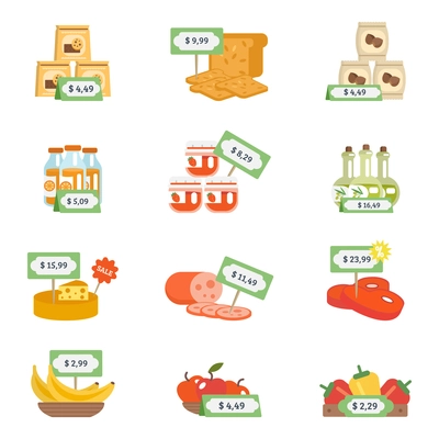 Supermarket food products with price labels icons set isolated vector illustration