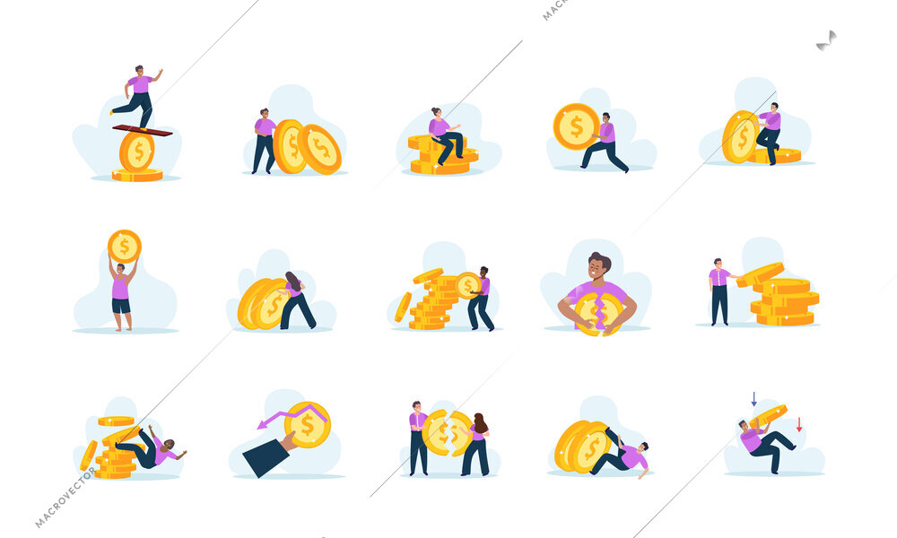 Financial instability set with flat isolated icons of coins with doodle worker characters on blank background vector illustration