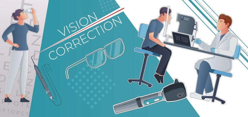 Vision correction flat collage with oculist doing vision test and man doing prevention of eye diseases vector illustration