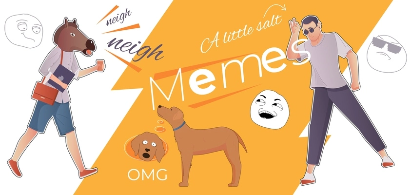 Memes flat collage with people using various troll faces so as horse and dog head vector illustration