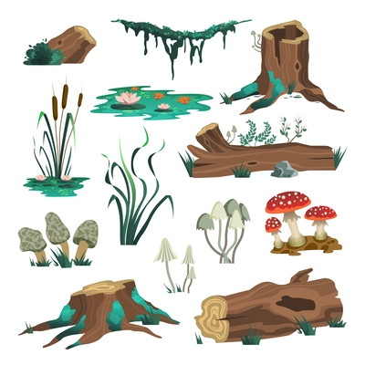 Set of isolated wild forest images with moss logs mushrooms and swamp elements on blank background vector illustration