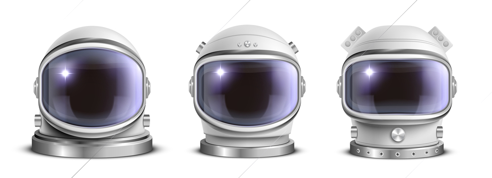 Realistic astronaut helmet set of three isolated images of space suit helmet with different design models vector illustration