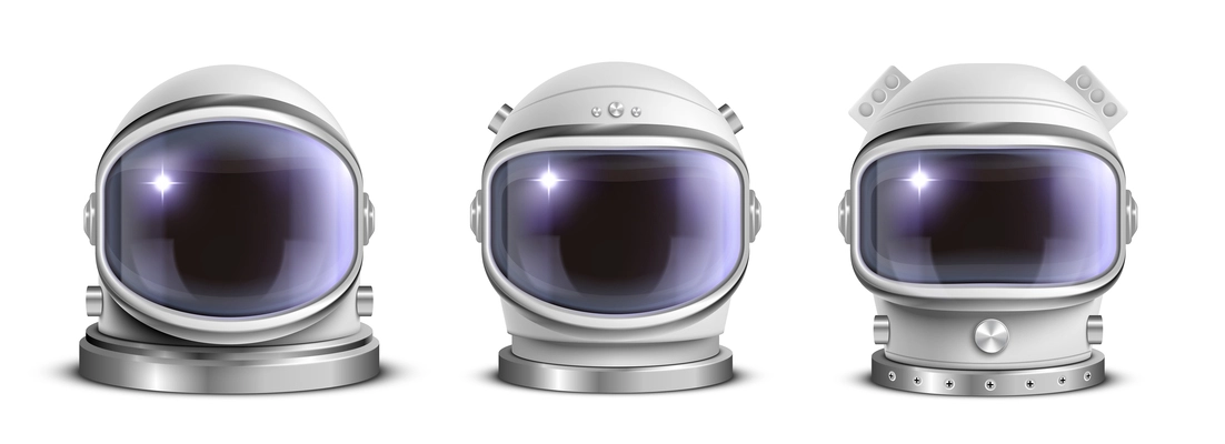 Realistic astronaut helmet set of three isolated images of space suit helmet with different design models vector illustration