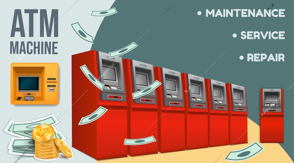 Atm maintenance service and repair realistic collage with row of red machines vector illustration