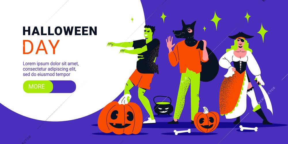 Halloween day horizontal banner template with people wearing costumes of pirate zombie and werewolf flat vector illustration