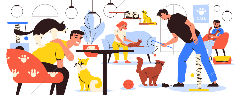 Pets cafe interior with people playing with cats and drinking coffee flat vector illustration