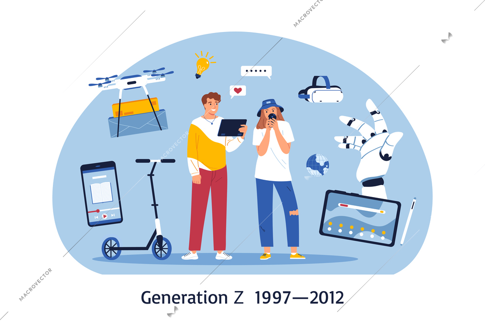 Generation z composition with modern man and woman surrounded by electric vehicles gadgets and robotic hand vector illustration