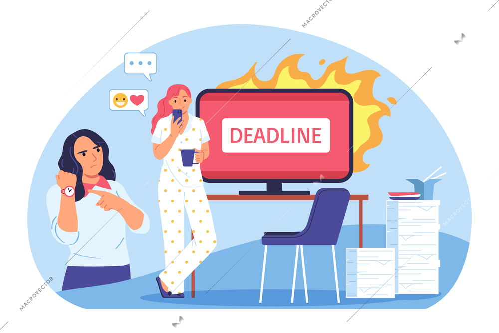 Procrastination project deadline composition with female worker in pajama in front of burning computer and paperwork vector illustration