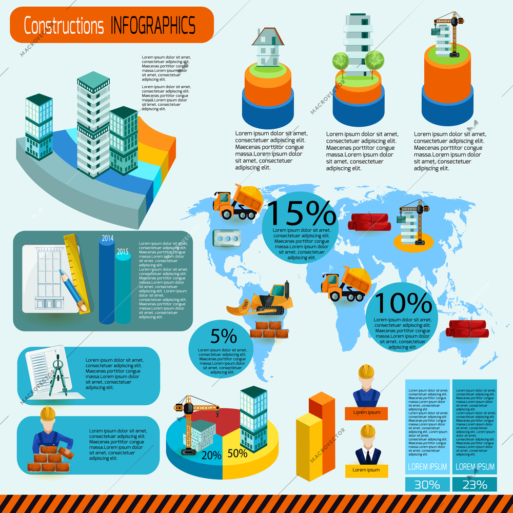 Construction infographics set with industrial building symbols and charts vector illustration