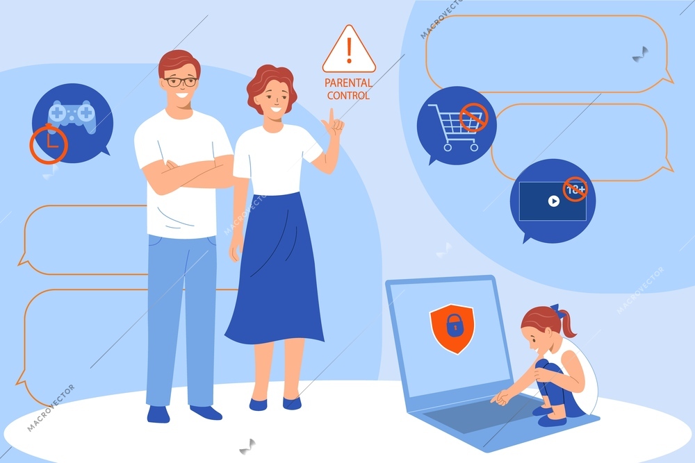 Mum and dad installed parental control protection on laptop of little daughter flat vector illustration