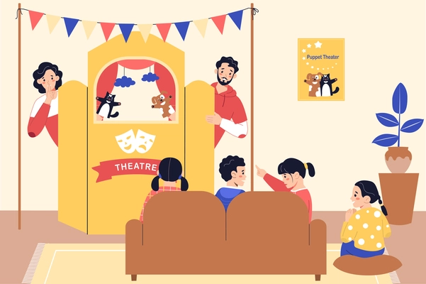 Puppet show theatre flat composition with indoor view of performing adult artists with young children audience vector illustration