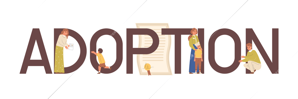 Child adoption flat text banner with human characters of orphans and adult people vector illustration