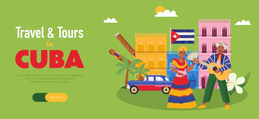 Travel and tours in cuba horizontal banner in flat style with dancing cuban people colorful houses car cigars on green background vector illustration