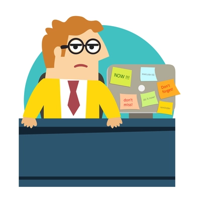 Business life. Worried angry office worker at the desk vector illustration