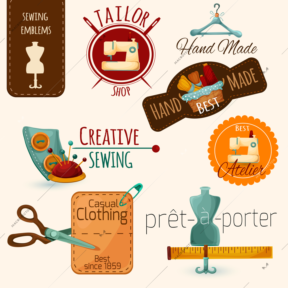 Sewing tailoring and fashion dressmaking emblems set isolated vector illustration