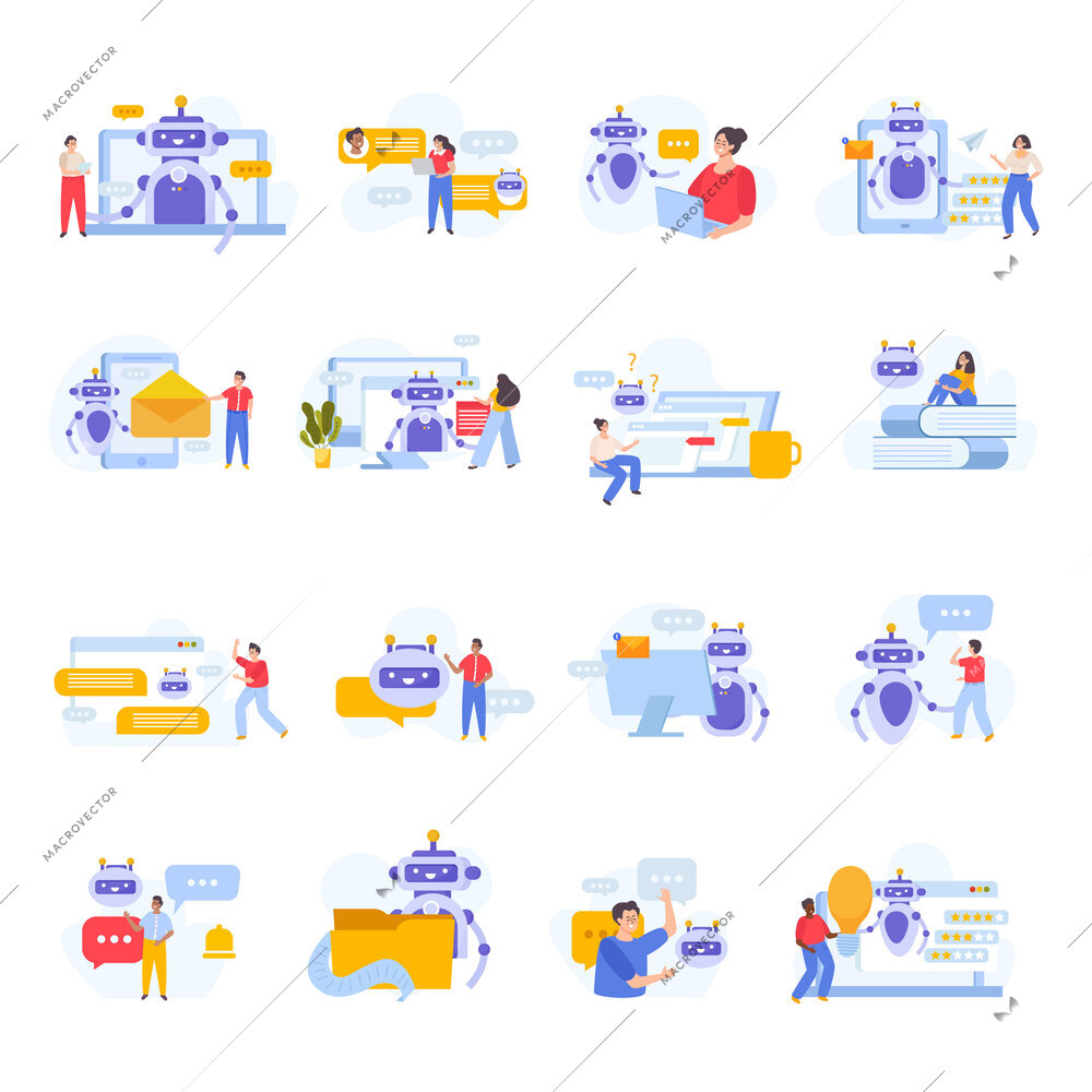 Flat set of icons with people using chatbot services isolated vector illustration