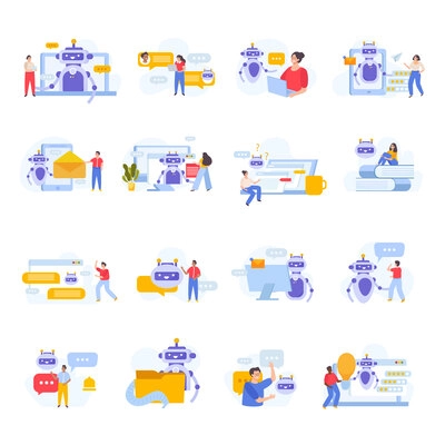 Flat set of icons with people using chatbot services isolated vector illustration