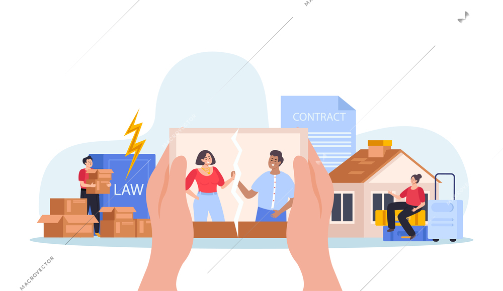 Property division dissolution of marriage contract flat concept with human hands holding torn photo of divorced couple vector illustration