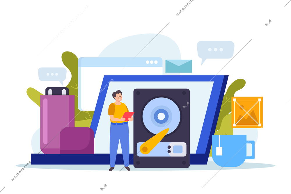 Male character backing up files and recovering data on hard disk flat composition vector illustration