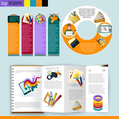 Design infographics set with paper notepad and designer tools vector illustration