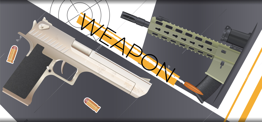 Weapon war composition with collage of realistic gun images with ammunition round target and editable text vector illustration