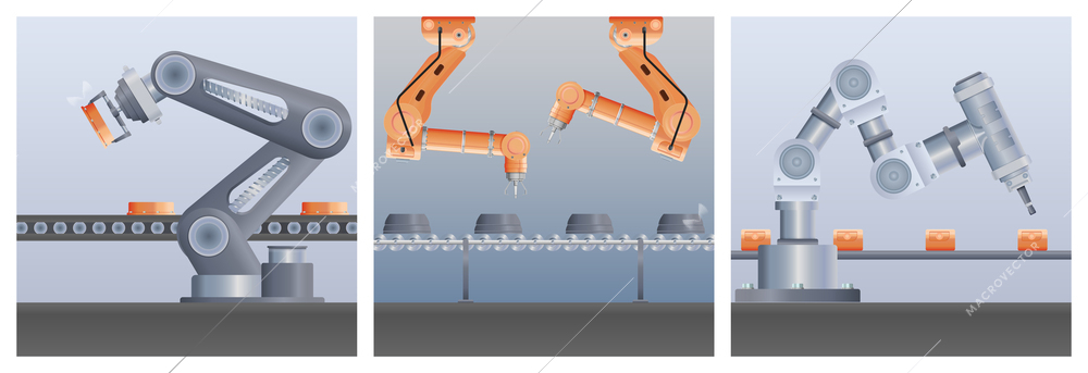 Set with three square compositions of robot manipulator arm realistic images with views of assembly lines vector illustration