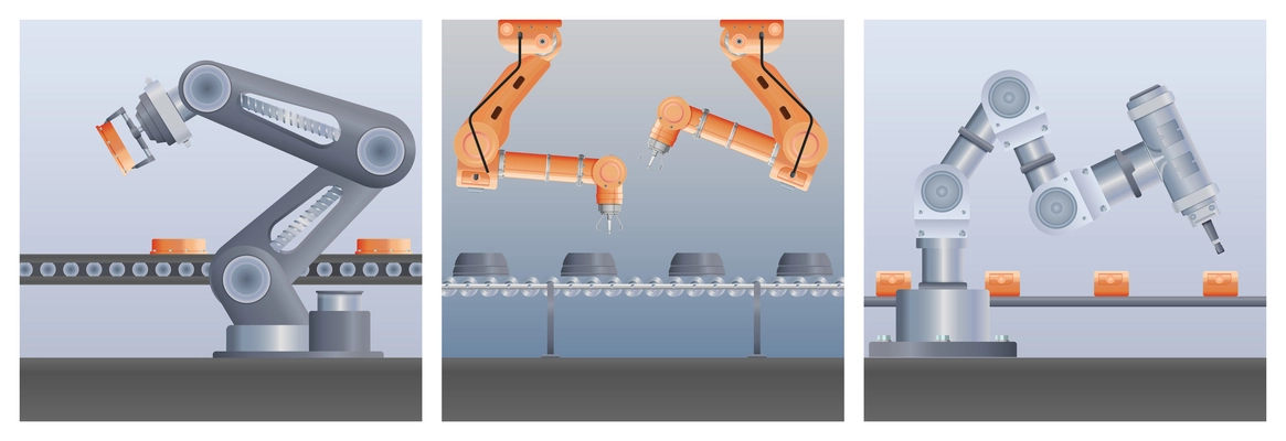 Set with three square compositions of robot manipulator arm realistic images with views of assembly lines vector illustration